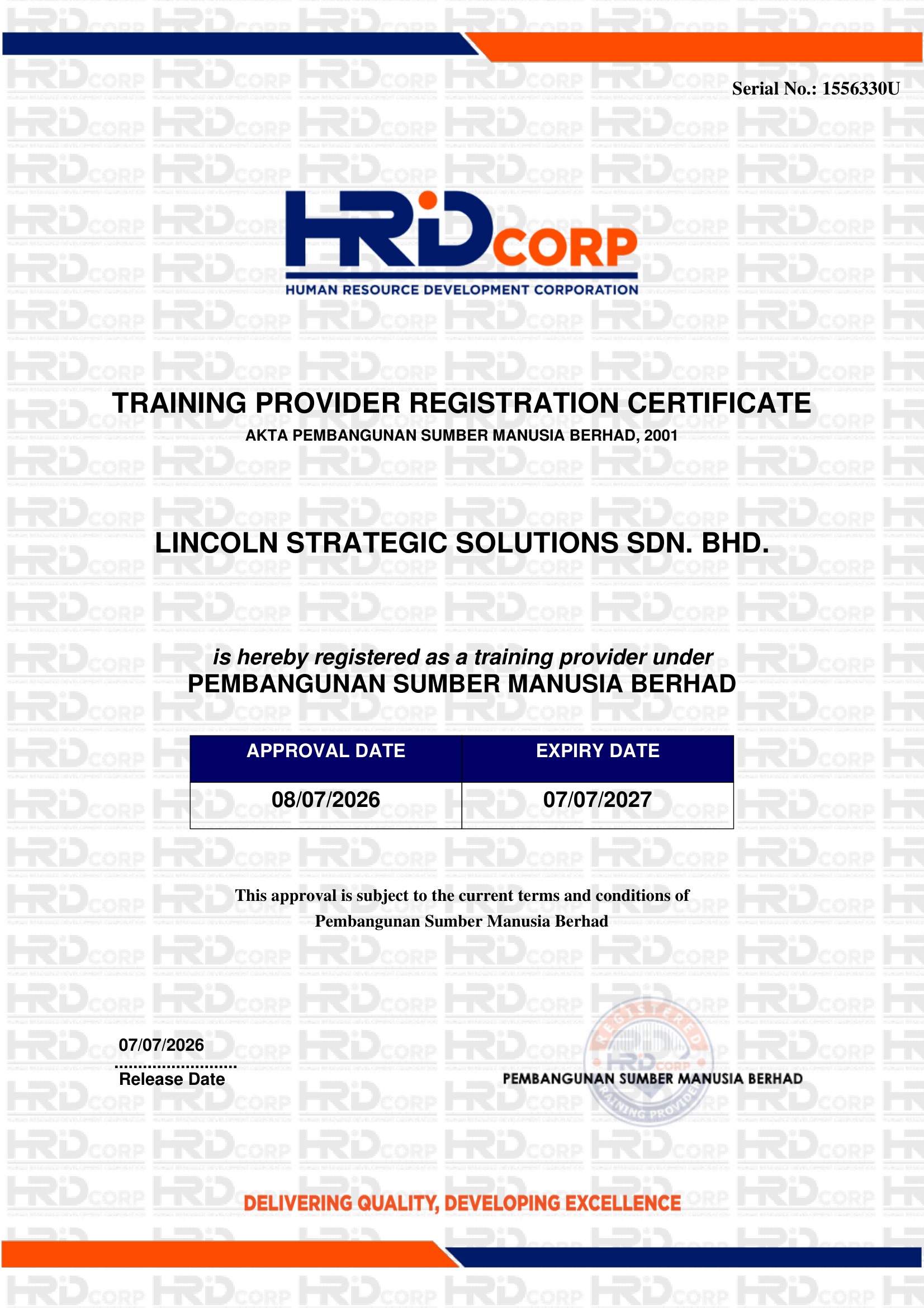 HRD Corp Training Provider Registration Certificate - Lincoln Strategic Solutions Sdn. Bhd.